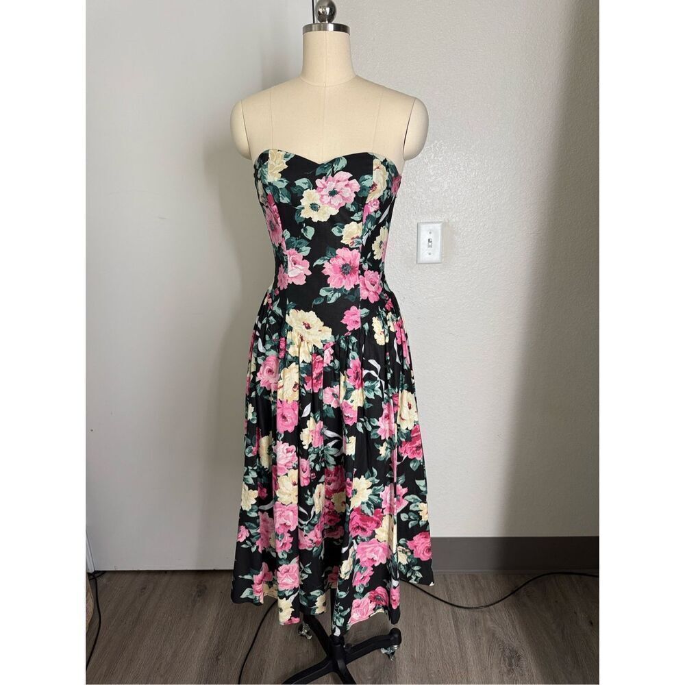 Vintage ELLIN union made maxi dress corset strapless 4 or xs s black roses pink